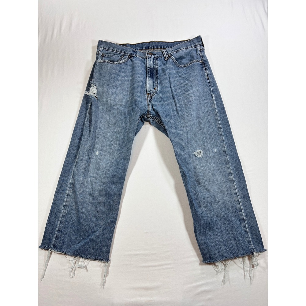 Levis 505 Regular Fit Jeans Mens 36 Medium Wash Distressed Raw Hem